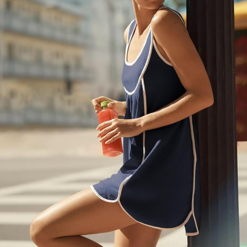 Navy Blue Athletic Dress with White Trim